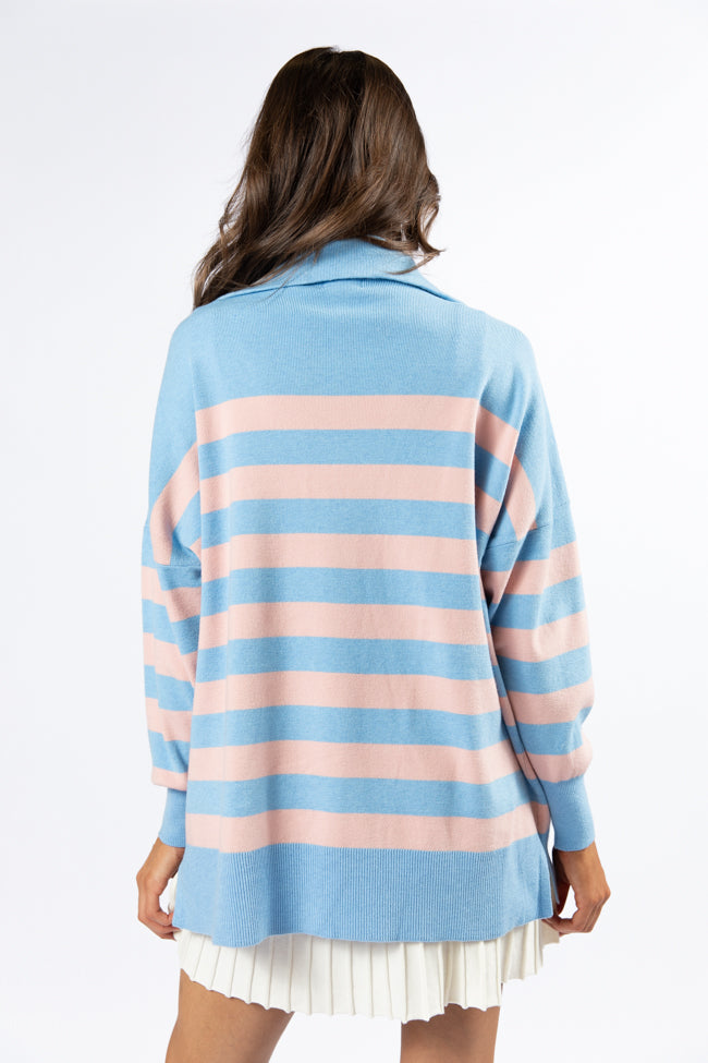 Pulling Heartstrings Blue and Coral Striped Quarter Zip Pullover