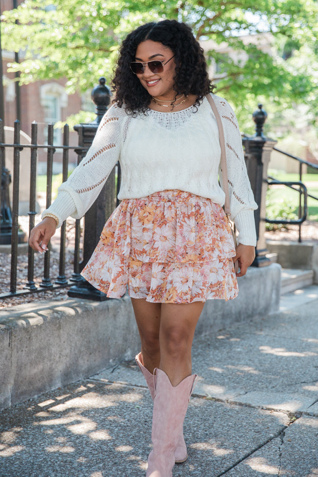 Breezy Beige And Mustard Floral Tiered Skort