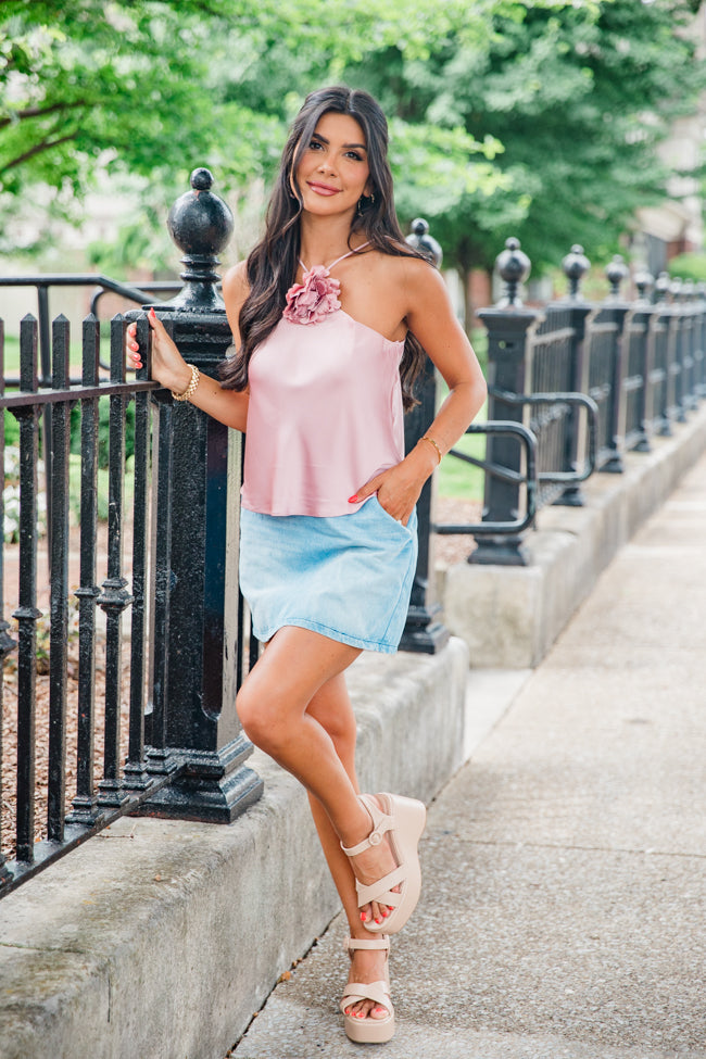 Take A Picture Dusty Pink Rosette Satin Halter Tank FINAL SALE