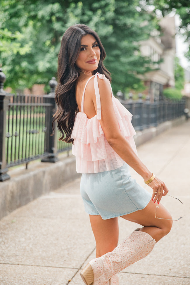 It's Giving Blush Ruffle Tulle Bow Shoulder Tank