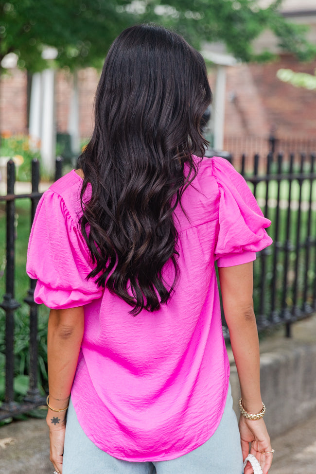 Say You Love Me Fuchsia Bubble Shoulder Satin Top