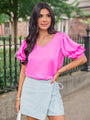 Say You Love Me Fuchsia Bubble Shoulder Satin Top