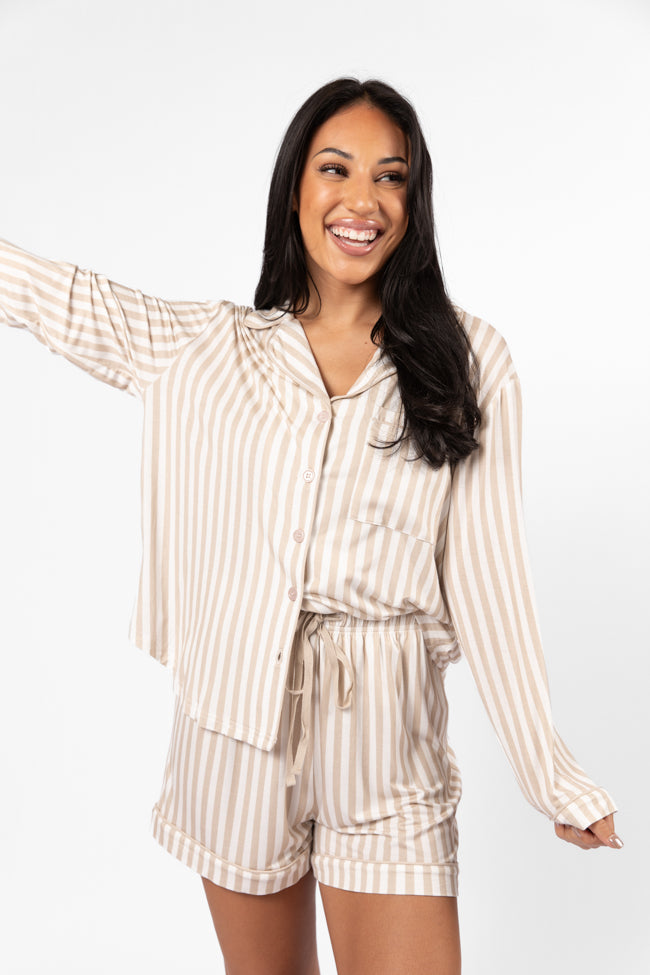 Good To Get Away Neutral Stripe Long Sleeve Pajama Top