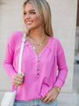 On One Hand Pink Ribbed Knit Oversized Henley Top