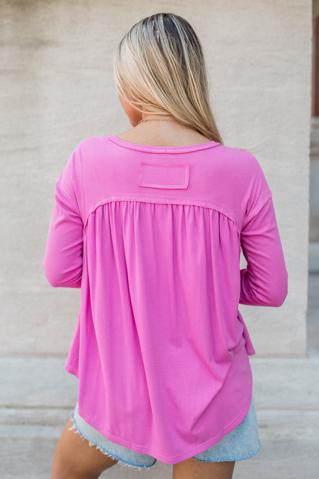 On One Hand Pink Ribbed Knit Oversized Henley Top