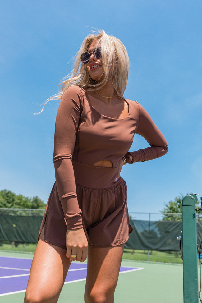 You're Thriving Brown Active Long Sleeve Keyhole Romper