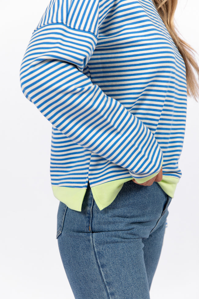 Think On It Blue Striped Contrast Trim Pullover