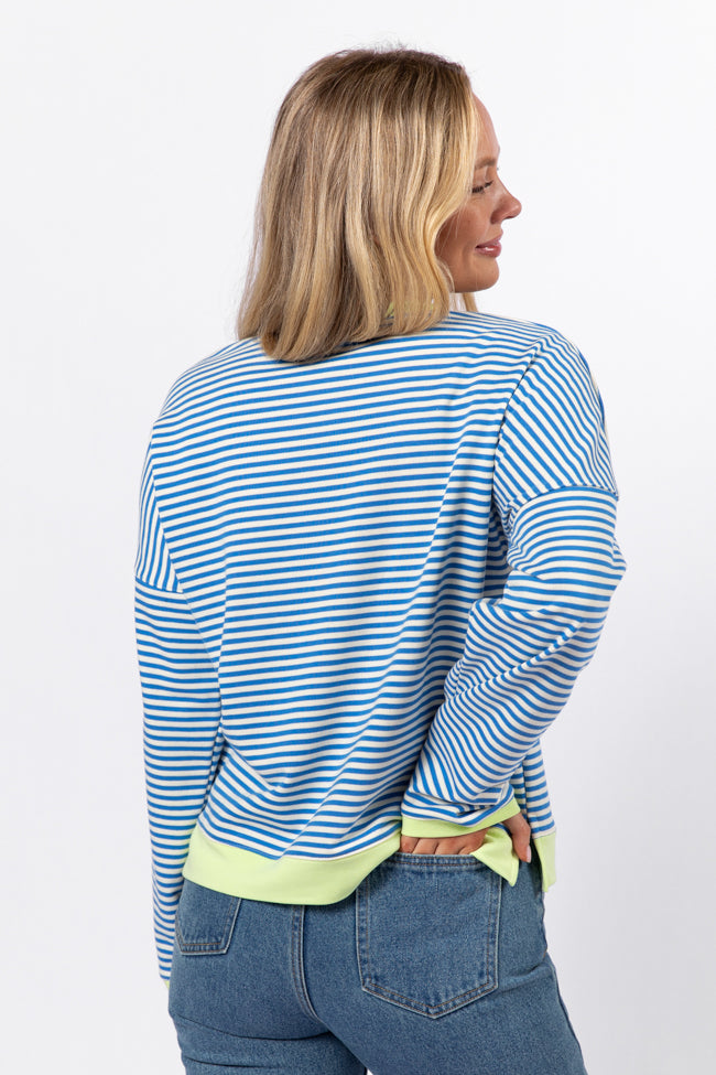 Think On It Blue Striped Contrast Trim Pullover