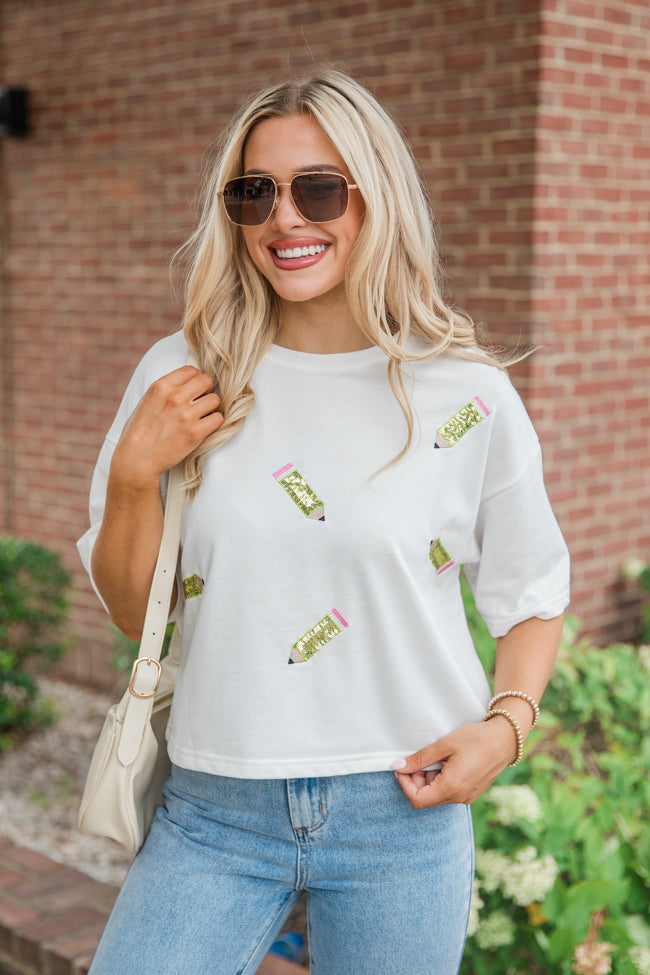 Study Break Green Pencil Patch Ivory T-Shirt