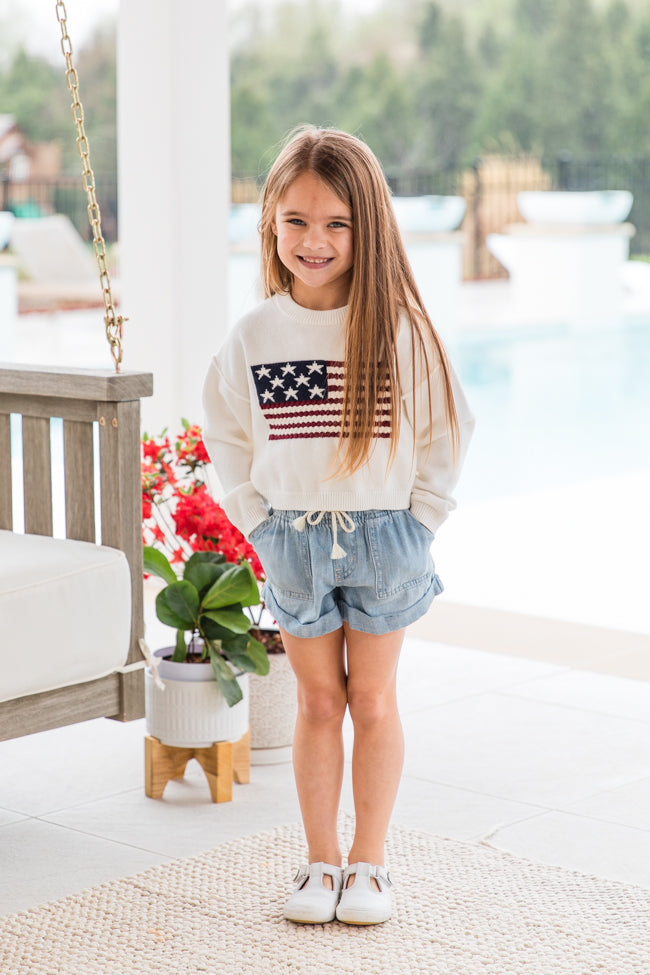 Kid's Home Of The Free Ivory Textured Flag Sweater