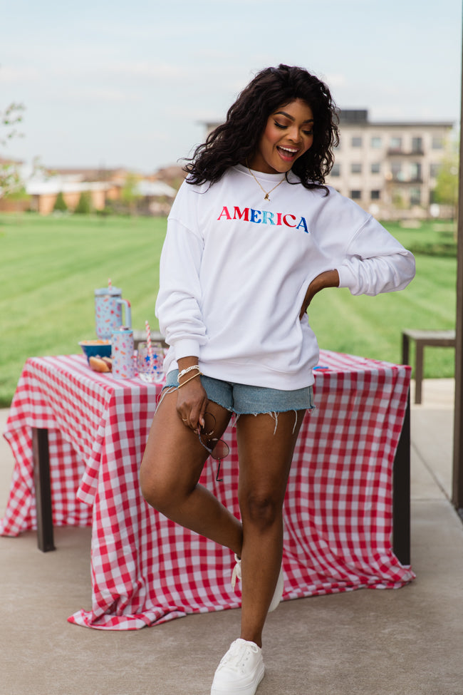 America Multi Embroidery White Oversized Graphic Sweatshirt