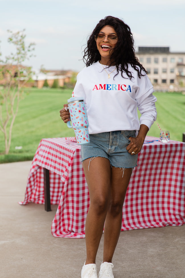 America Multi Embroidery White Oversized Graphic Sweatshirt