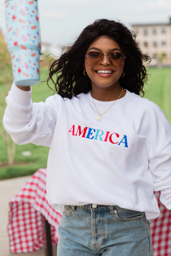 America Multi Embroidery White Oversized Graphic Sweatshirt