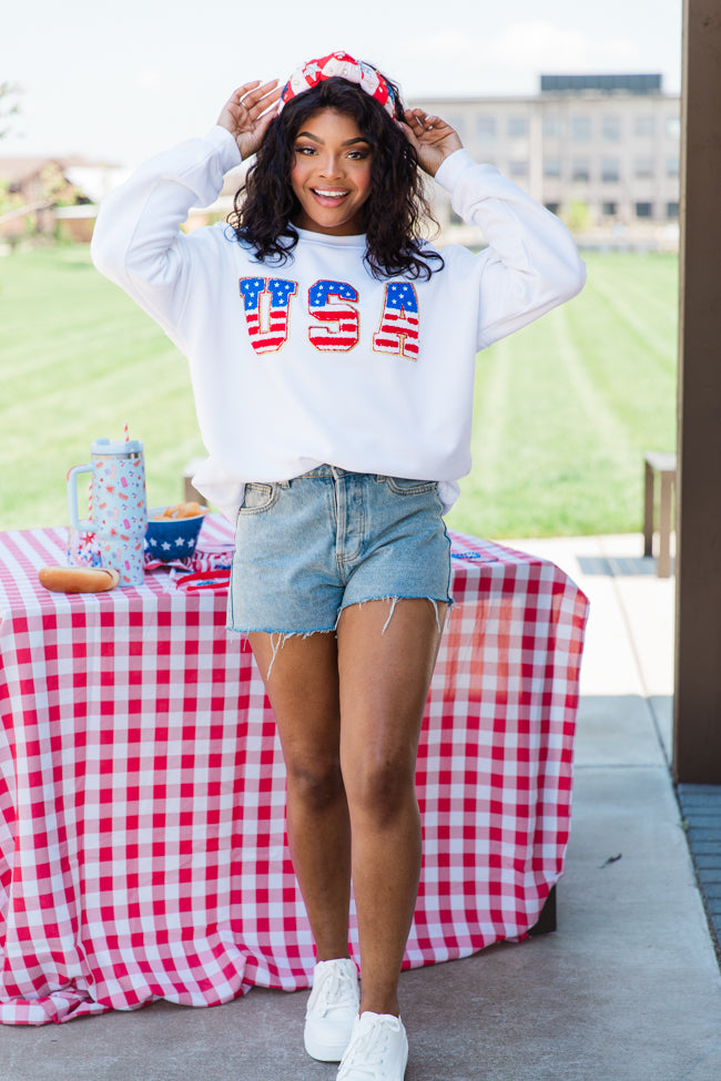 USA Flag Chenille Patch White Oversized Graphic Sweatshirt