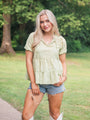 My Life Story Green Embroidered Short Sleeve Blouse