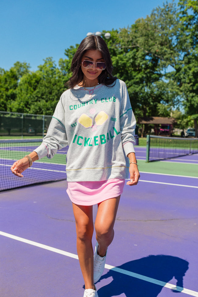 To The Pickleball Court Heather Grey Contrast Stitch Graphic Sweatshirt FINAL SALE