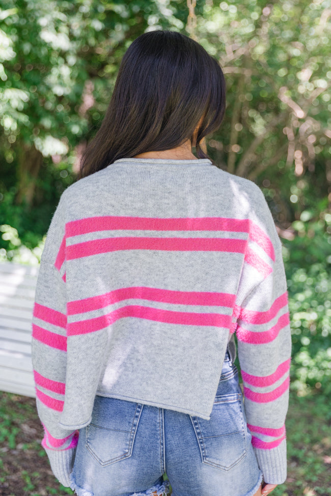 Sweet Affection Grey And Fuchsia Striped Notched Neck Sweater