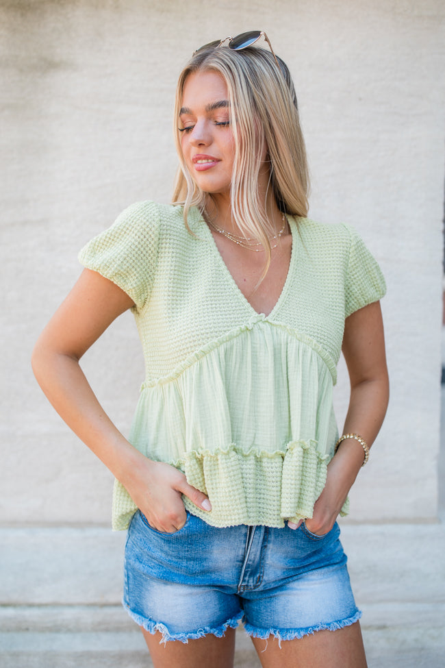 Rays Of Hope Green Waffle And Gauze Babydoll Top FINAL SALE