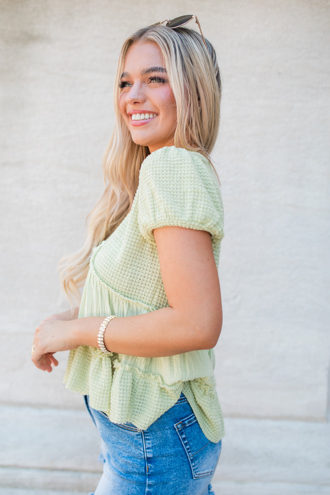 Rays Of Hope Green Waffle And Gauze Babydoll Top FINAL SALE