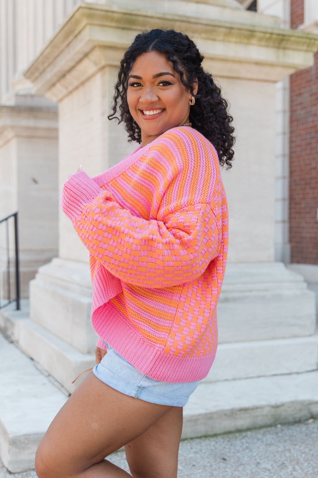 Time To Waste Pink And Orange Checkered And Striped Cardigan SALE