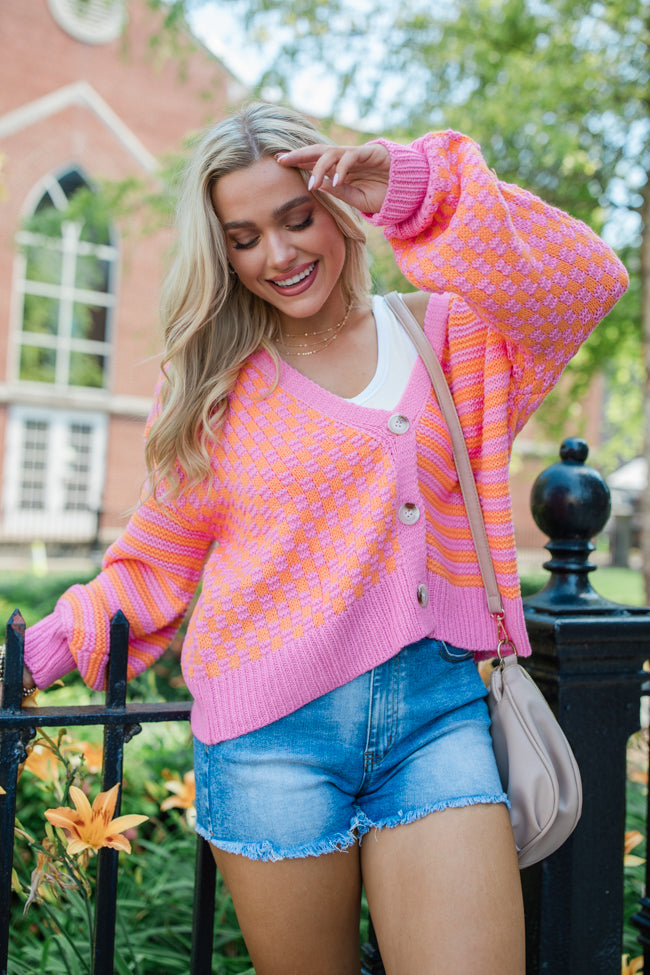 Time To Waste Pink And Orange Checkered And Striped Cardigan SALE