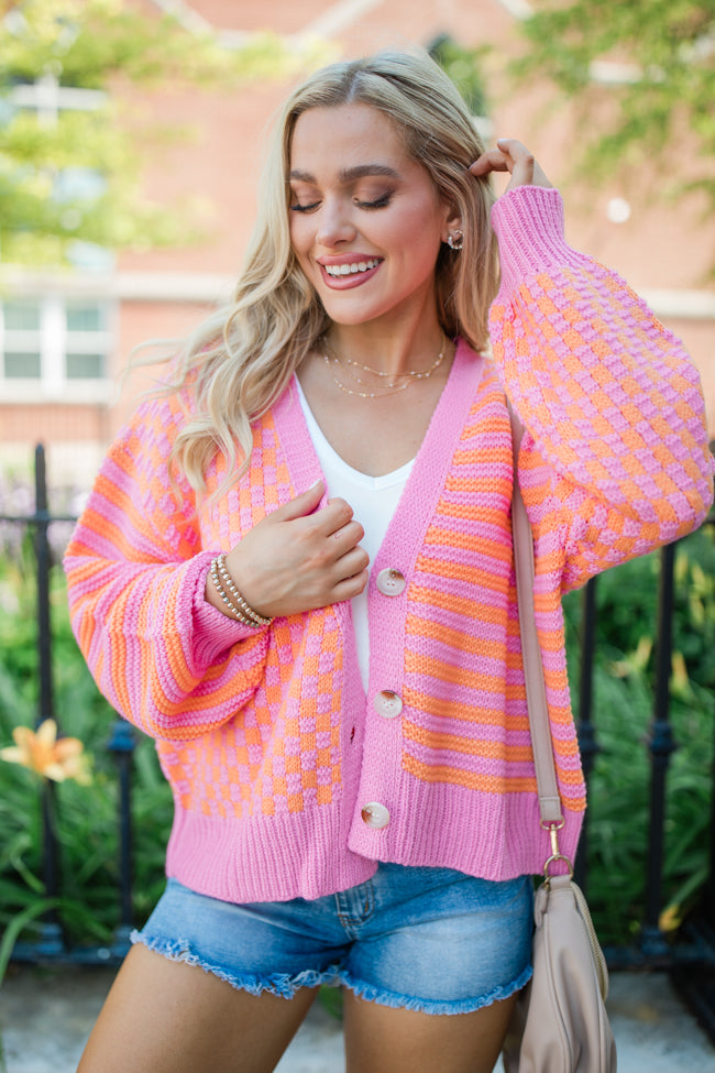 Time To Waste Pink And Orange Checkered And Striped Cardigan