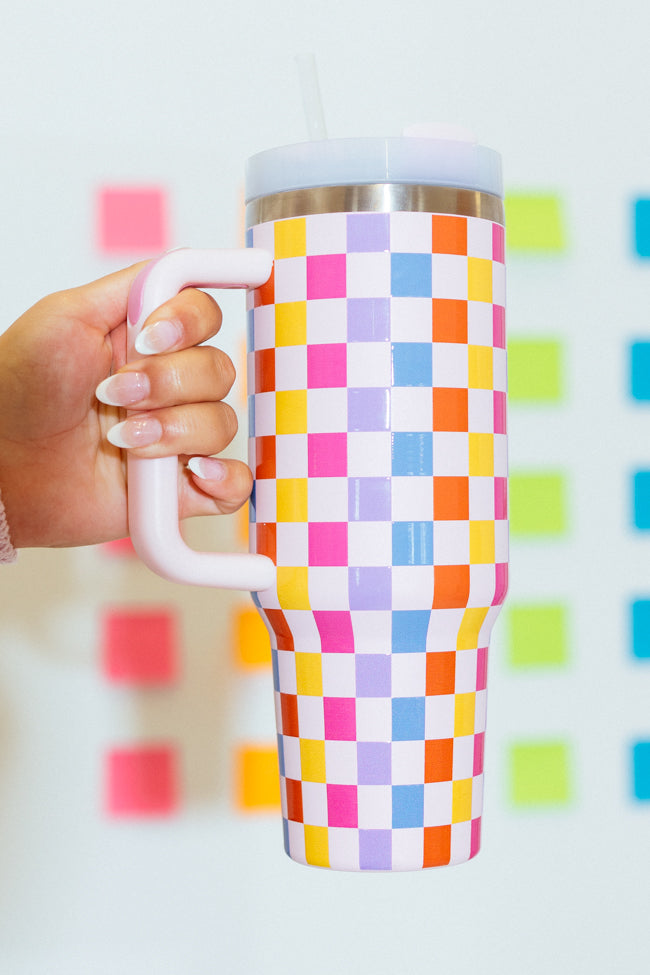 Sippin' Pretty Multicolor Checkered 40 oz Drink Tumbler With Lid And Straw