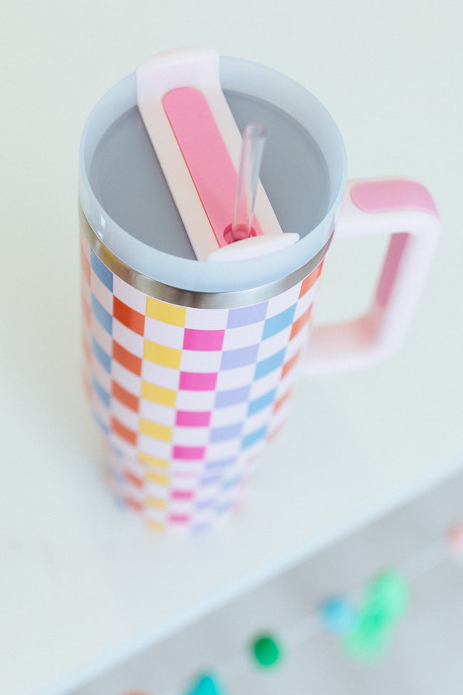 Sippin' Pretty Multicolor Checkered 40 oz Drink Tumbler With Lid And Straw