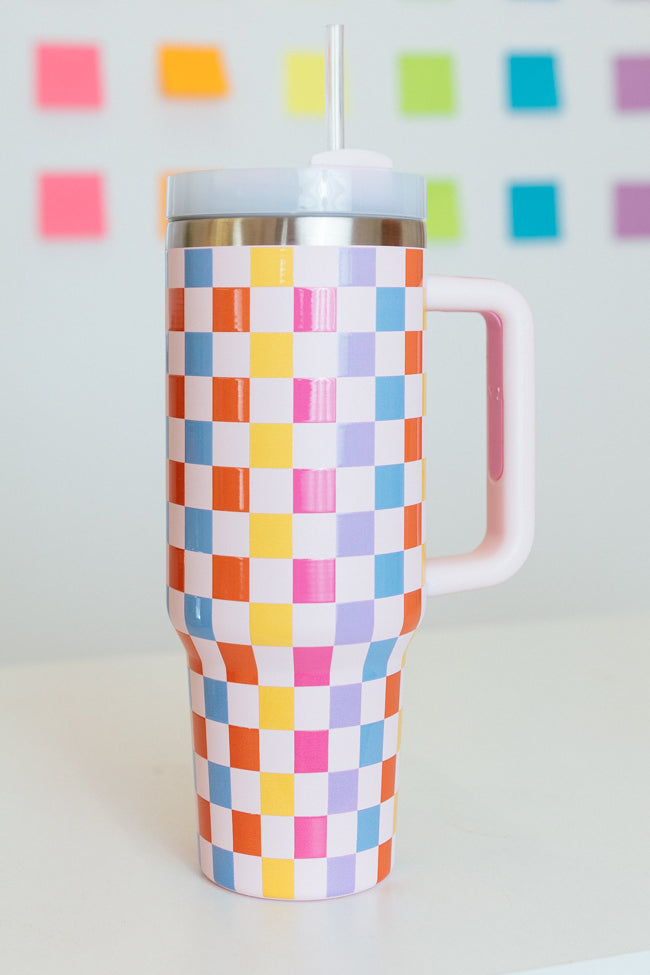 Sippin' Pretty Multicolor Checkered 40 oz Drink Tumbler With Lid And Straw