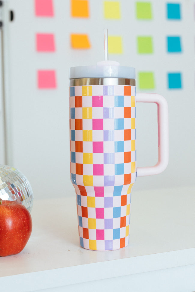 Sippin' Pretty Multicolor Checkered 40 oz Drink Tumbler With Lid And Straw