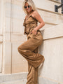 Downtown Meetup Sand Satin Wide Leg Pants