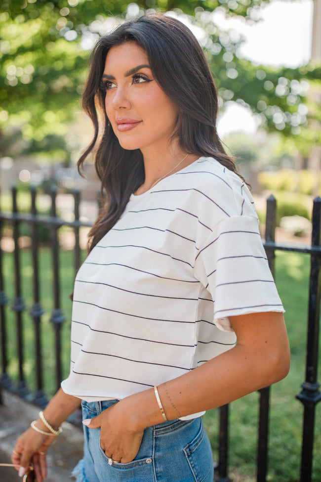 Easy Way Out Ivory and Black Striped Crop Tee FINAL SALE