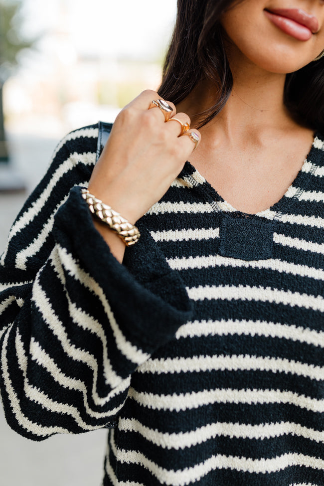 Take The Long Way Black and Ivory Lightweight Knit Striped Sweater