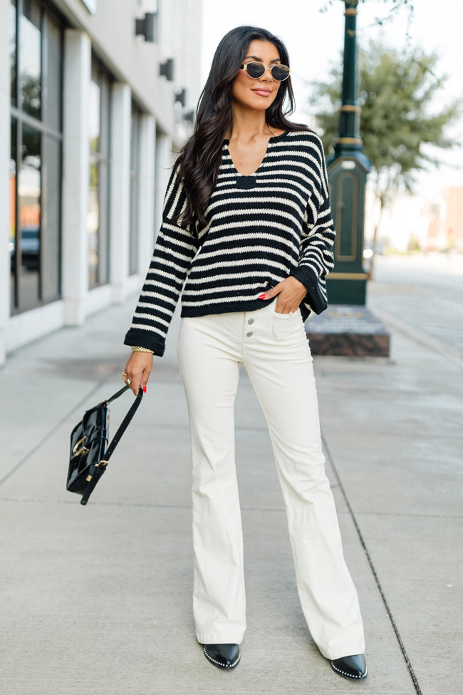 Take The Long Way Black and Ivory Lightweight Knit Striped Sweater