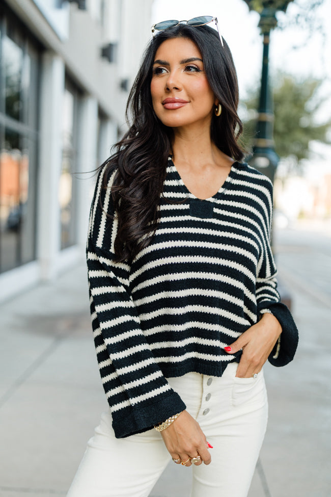 Take The Long Way Black and Ivory Lightweight Knit Striped Sweater