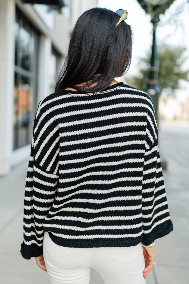 Take The Long Way Black and Ivory Lightweight Knit Striped Sweater