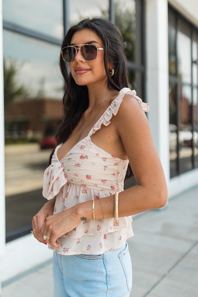 It's In The Past Beige Tie Bust Tiered Floral Tank FINAL SALE