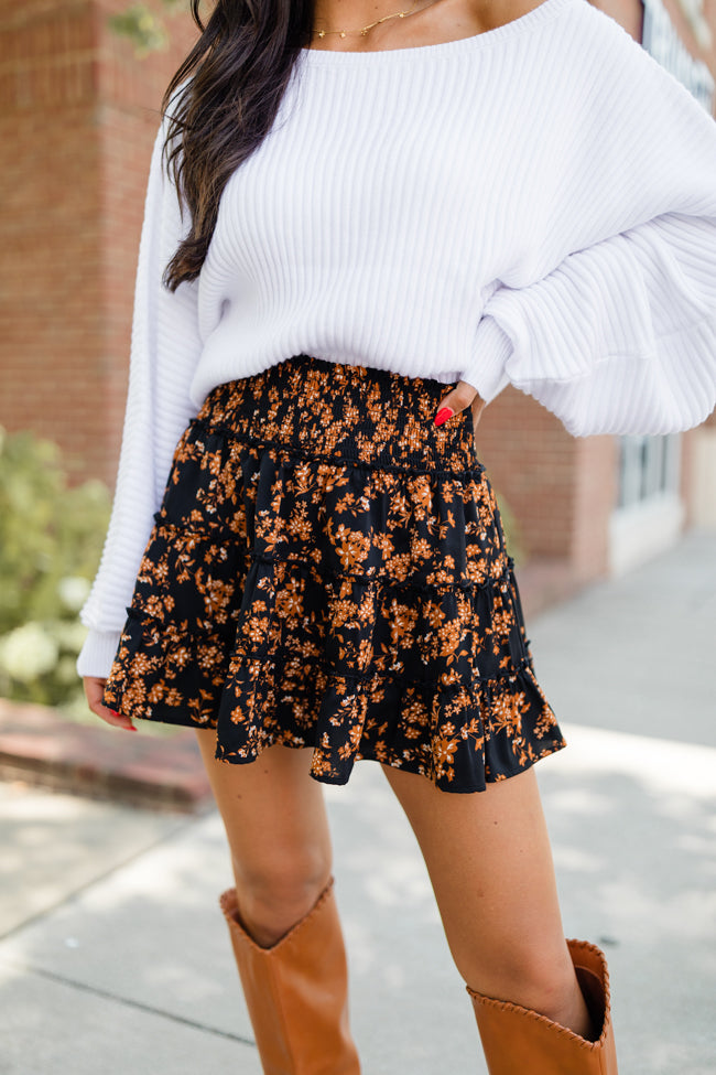 Through The Garden Black And Tan Floral Mini Skort