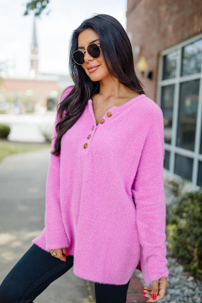 Thinking Of You Hot Pink Fuzzy Henley Sweater Pink Lily