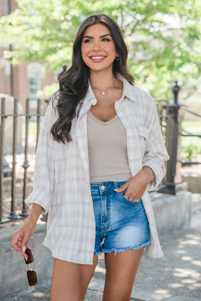 Made Me Realize Ivory And Tan Plaid Oversized Button Front Shirt