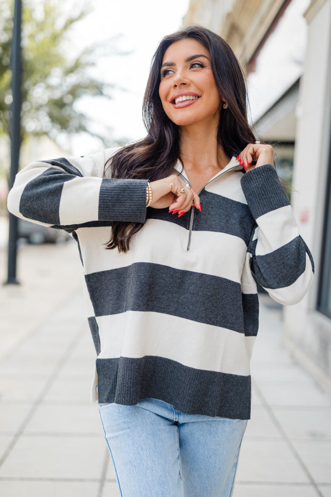 Moment In Time Charcoal Striped Quarter Zip Pullover