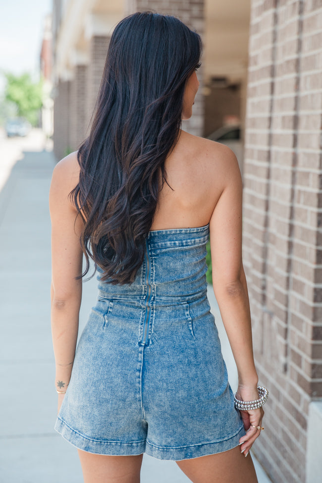 So You Say Strapless Denim Wrap Style Romper