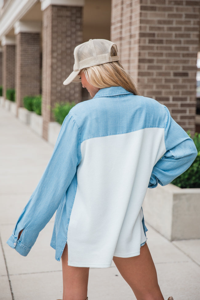 Talk It Over Waffle Detail Chambray Button Front Blouse