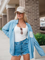 Talk It Over Waffle Detail Chambray Button Front Blouse