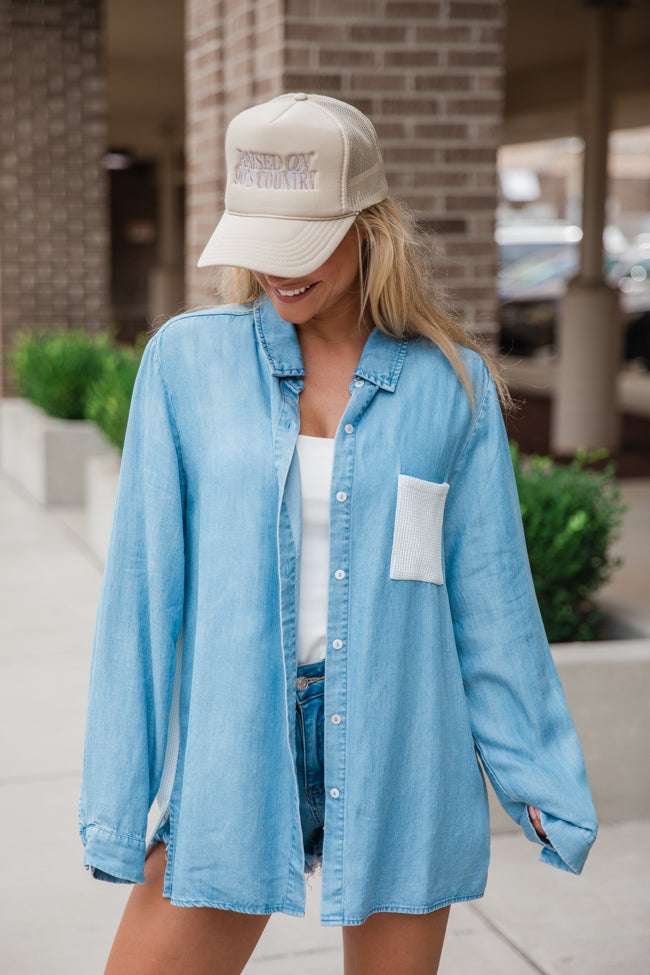 Talk It Over Waffle Detail Chambray Button Front Blouse