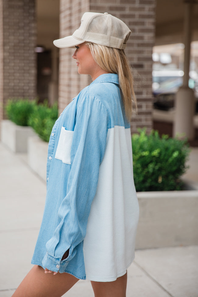 Talk It Over Waffle Detail Chambray Button Front Blouse