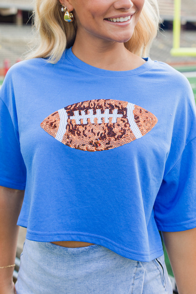 End Zone Elegance Blue Football Sequin Tee