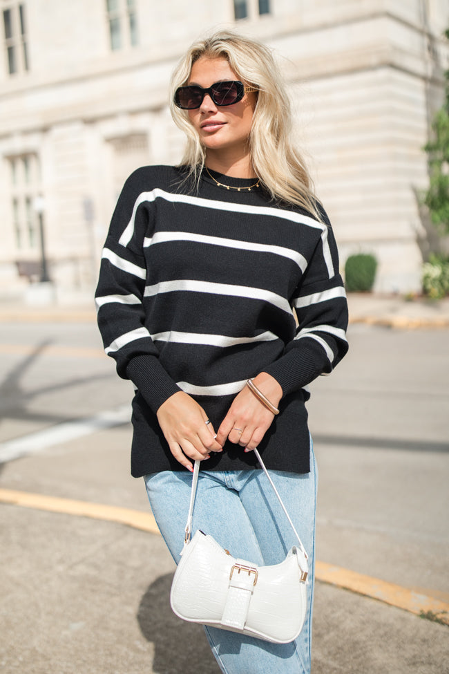 Crushing On You Black And Ivory Striped Crew Neck Sweater