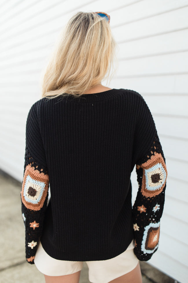 Let's Figure It Out Black Crochet Sleeve Sweater