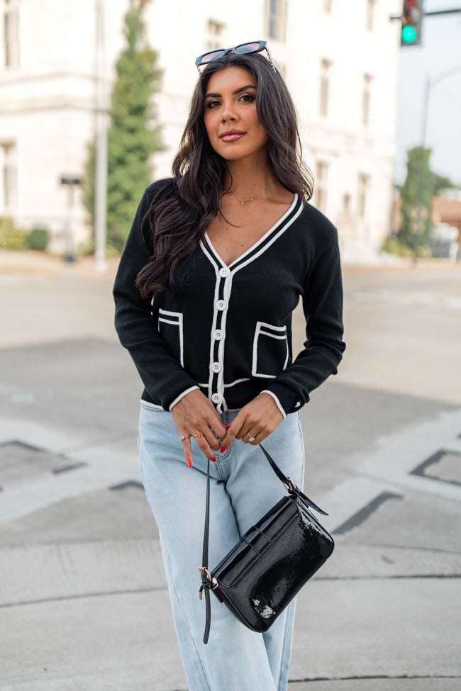 Gives Me Time Black and Ivory Contrast Trim Cardigan SALE